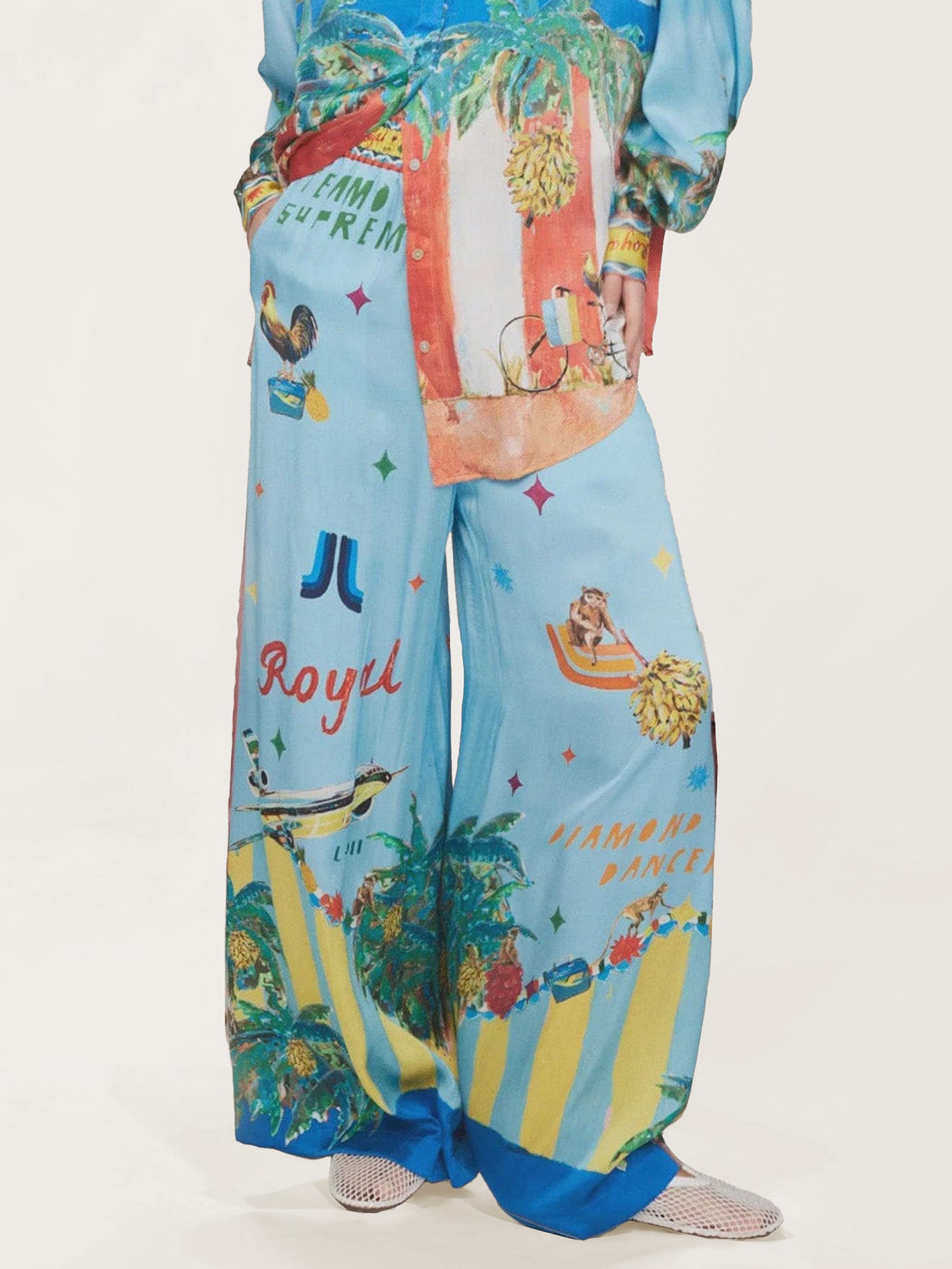 Loose-Fit Satin Pants with Unique Painted Print