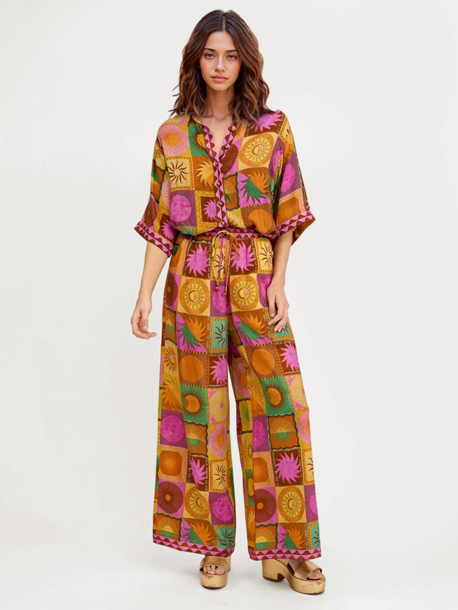 Boho Floral Print Wide-Leg Pants