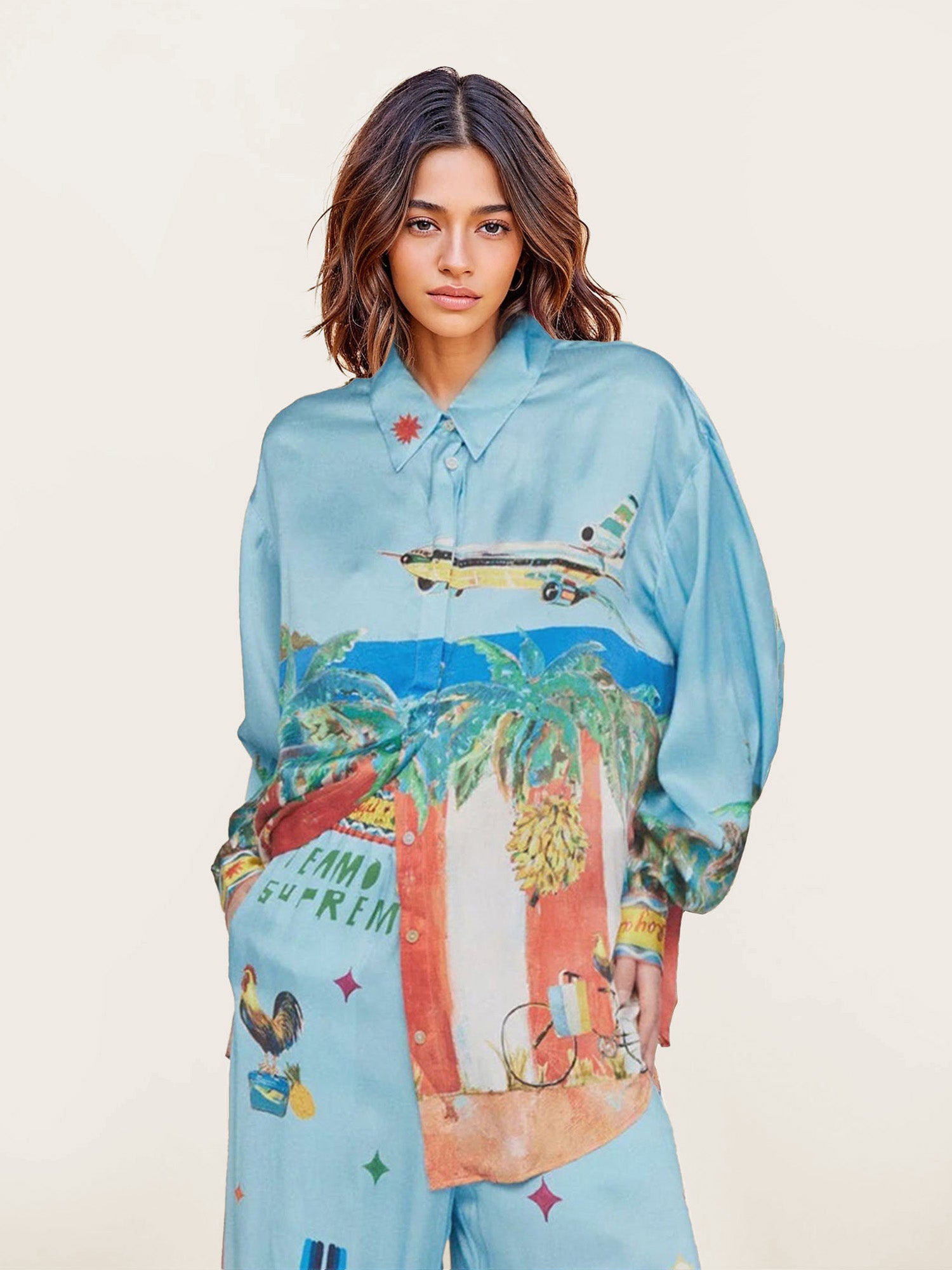 Loose-Fit Satin Shirt with Unique Painted Print