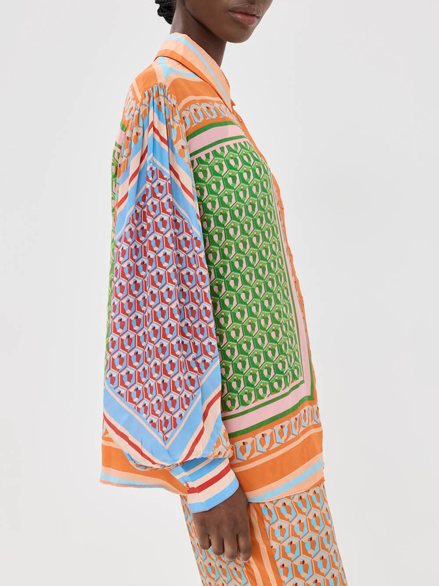 Print Oversized Button-Up Shirt with Colorblock Details