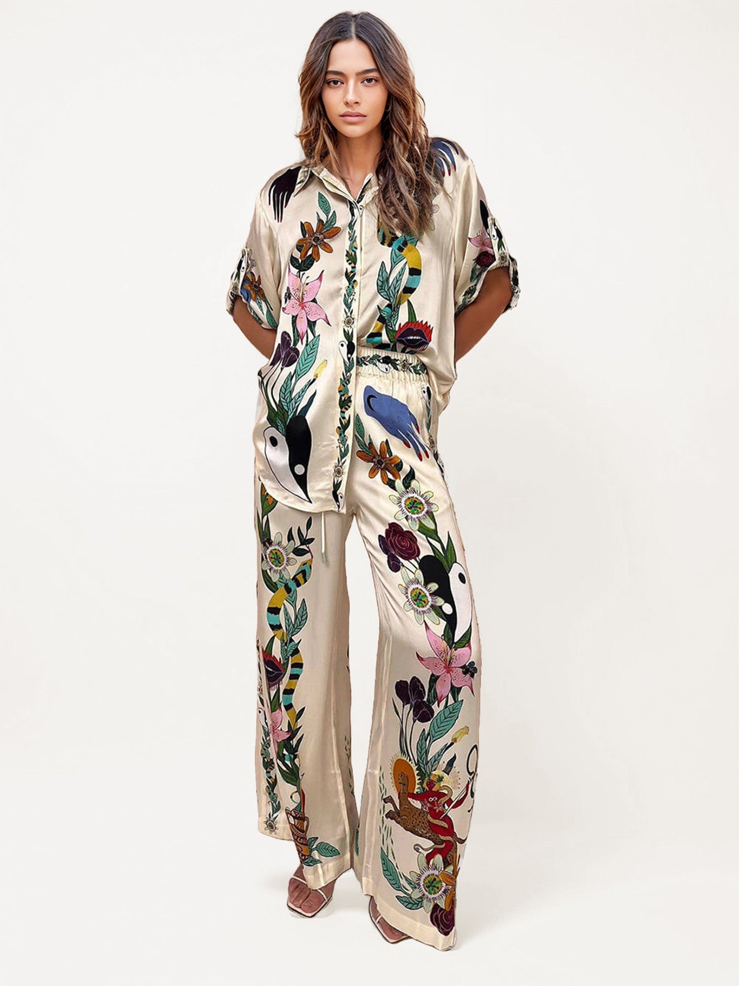 Satin Oversized Blouse with Sophisticated Print