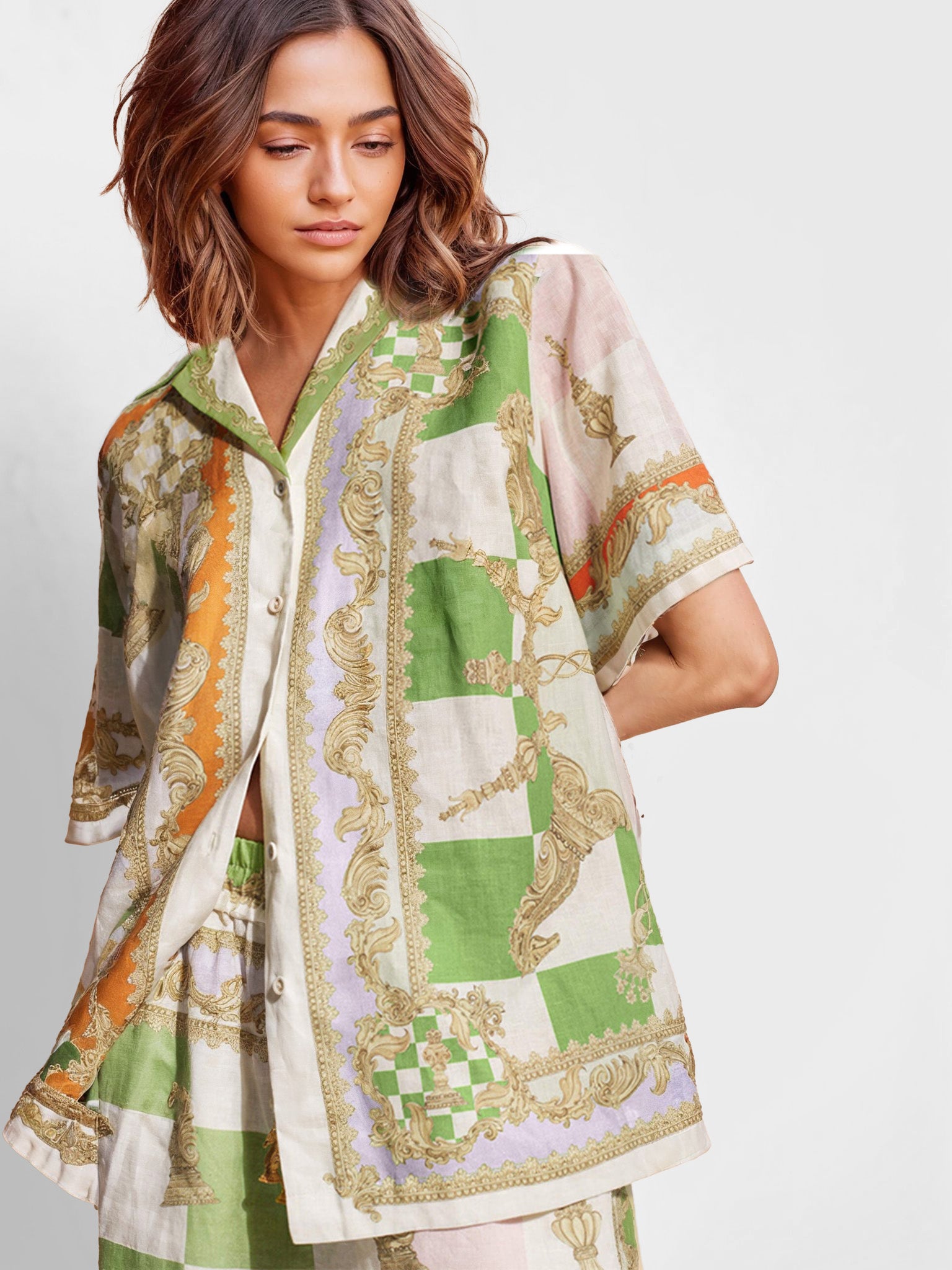 Vintage Chess Print Short-Sleeve Shirt