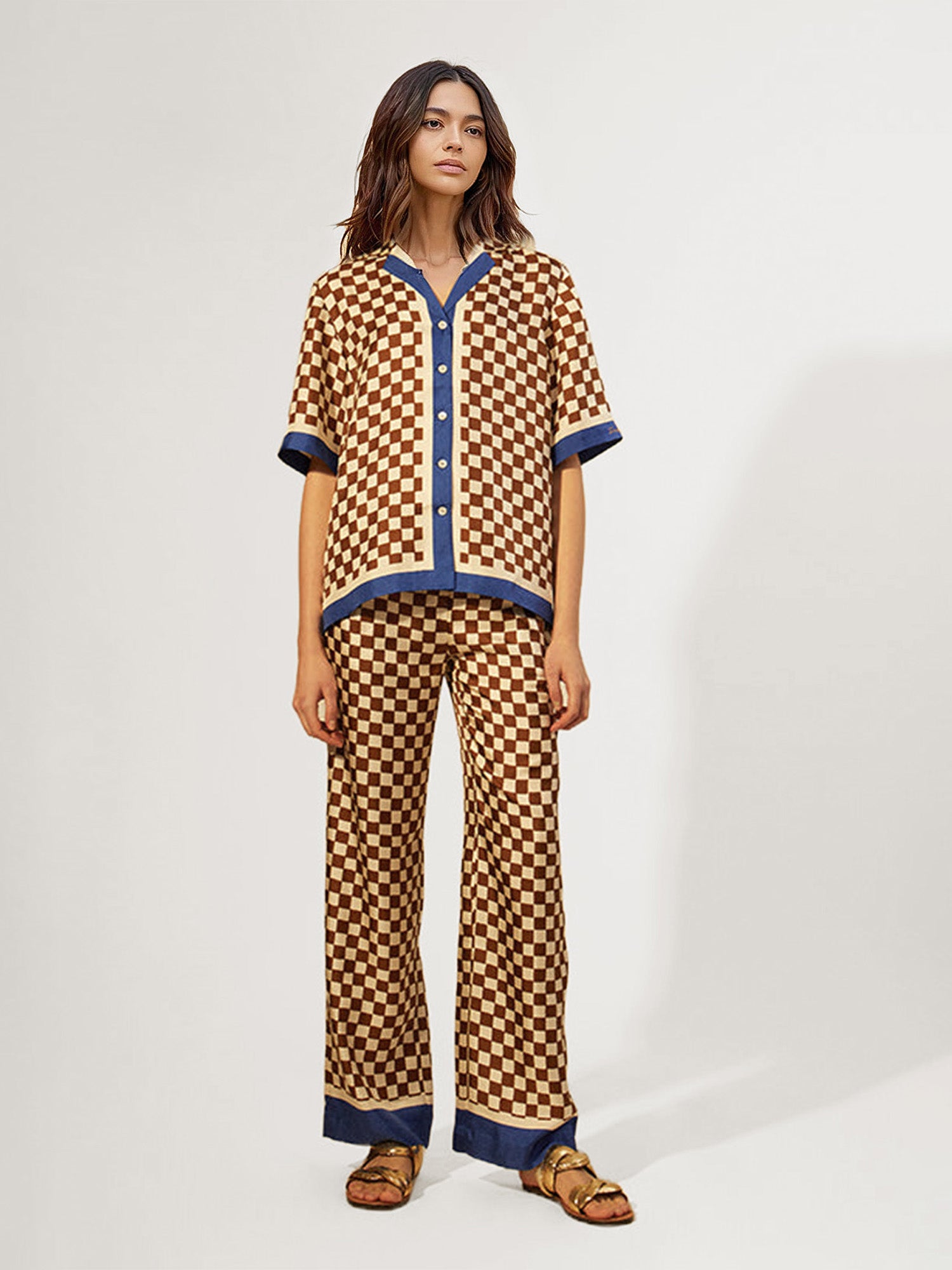 Retro Checkerboard Wide-Leg Pants