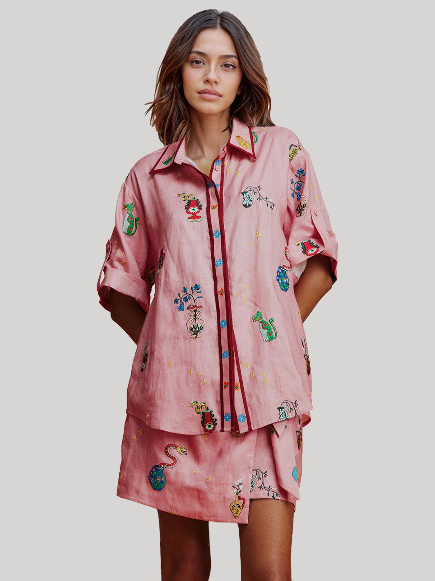 Pink Floral Embroidered Two-Piece Set