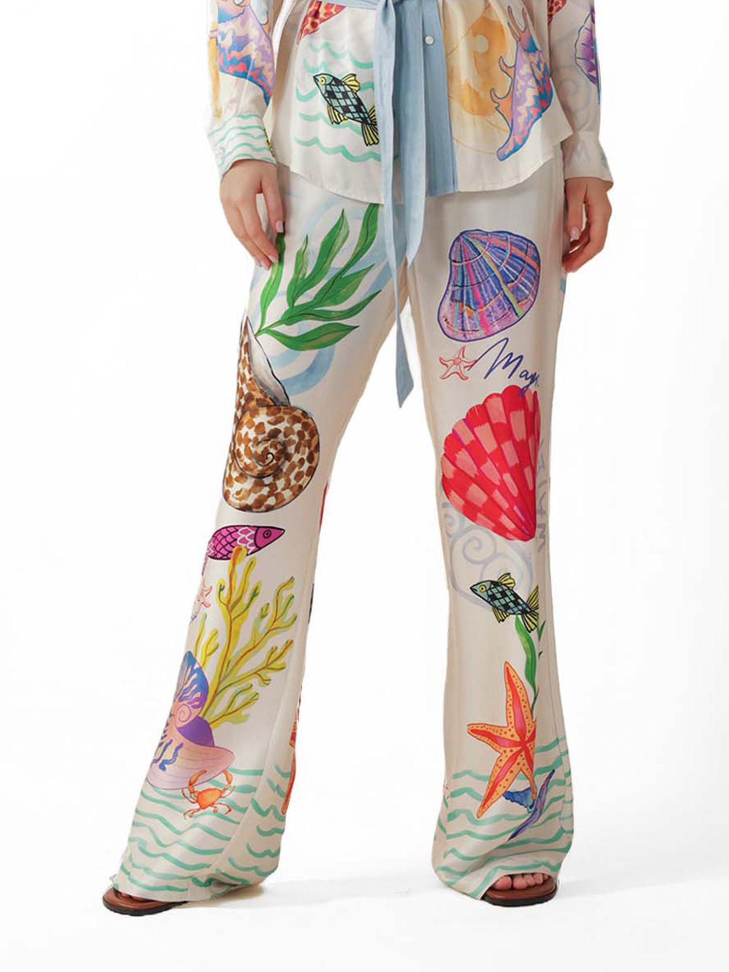 Ocean Motif Wide-Leg Maxi Pants for Summer