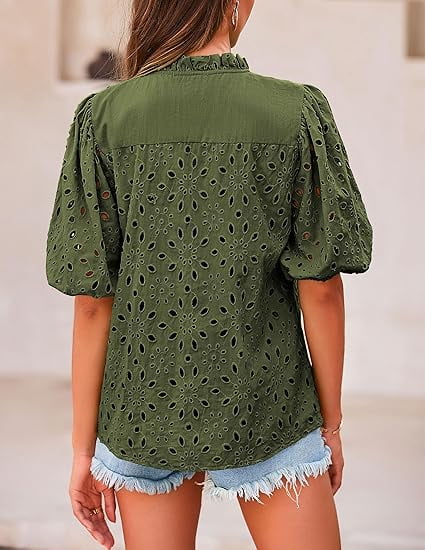 Short Lantern Sleeve Button Hollow Lace Embroidery Shirt