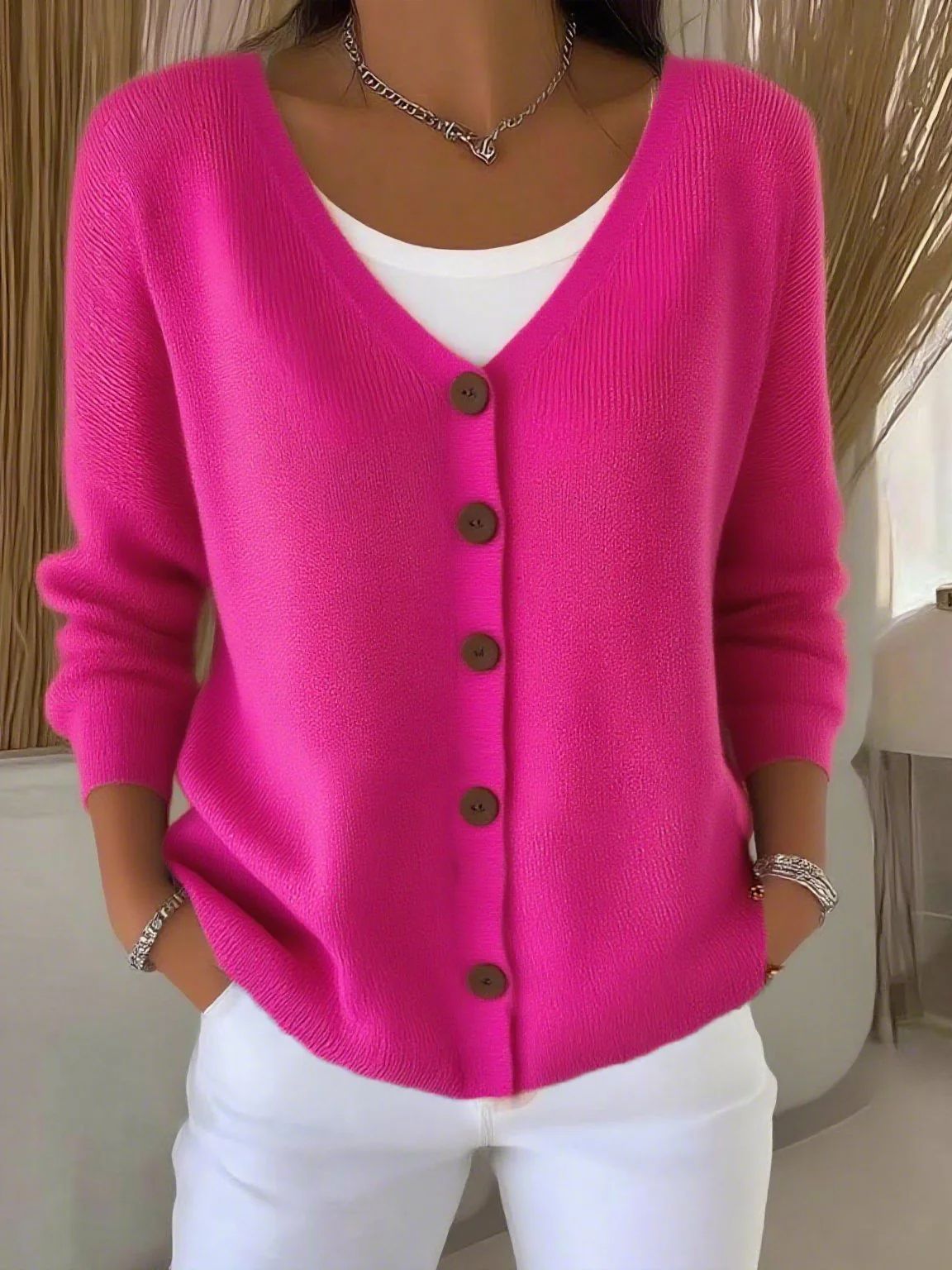 Women's Solid Color Loose Knitted Button Cardigan Sweater