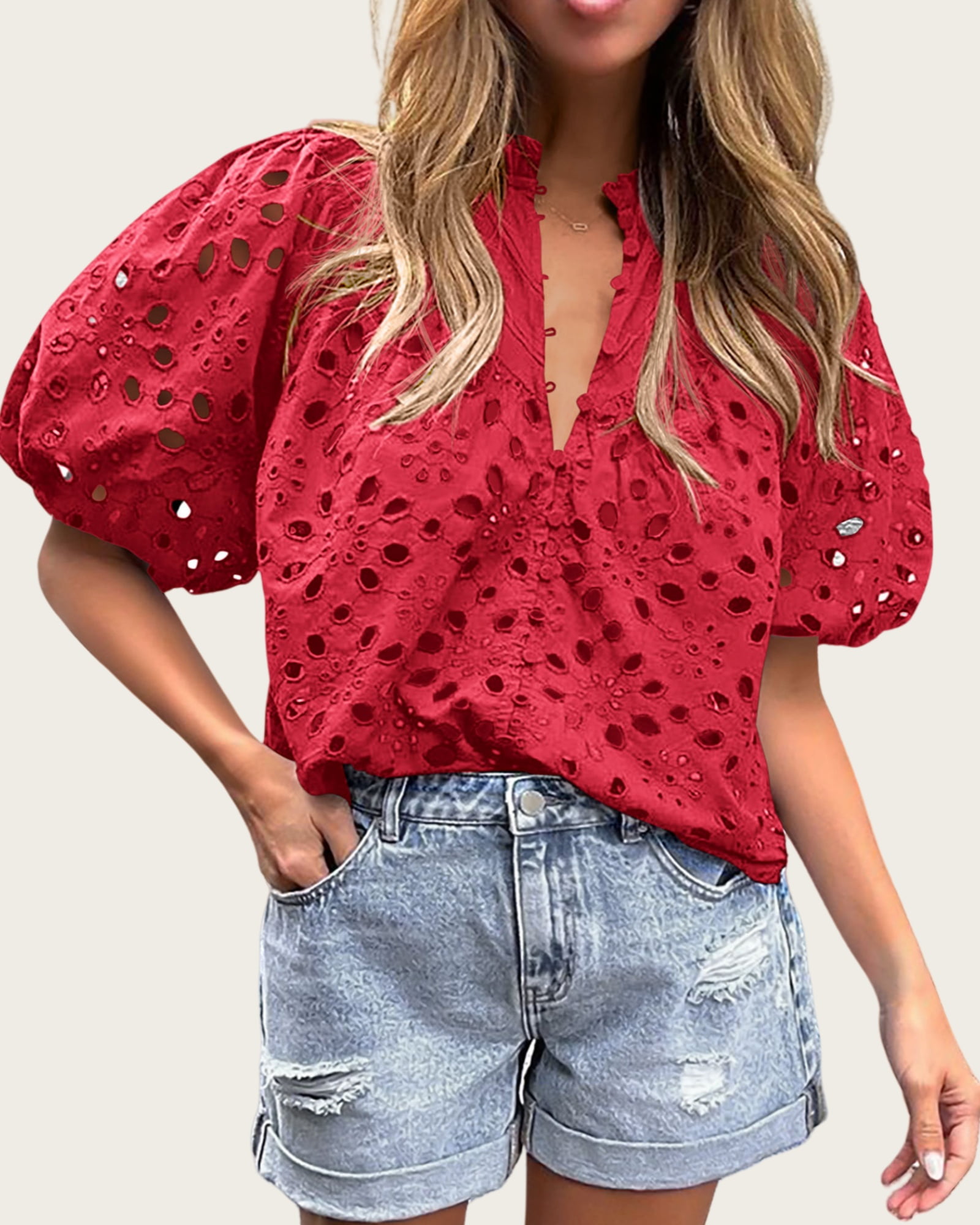 Short Lantern Sleeve Button Hollow Lace Embroidery Shirt