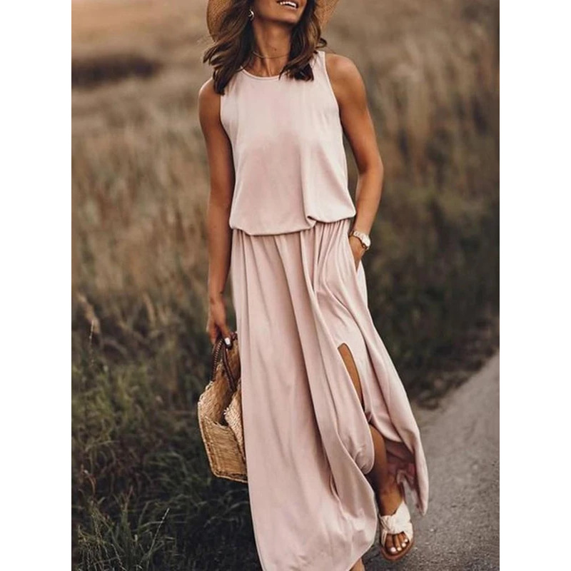 Round-Neck Sleeveless Slit Dress