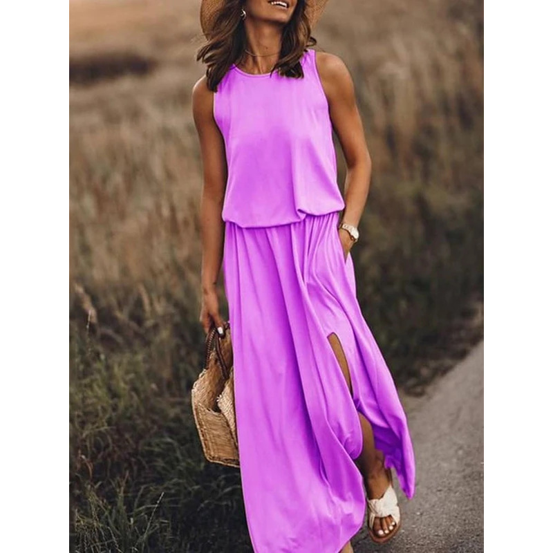 Casual Round-Neck Sleeveless Slit Dress
