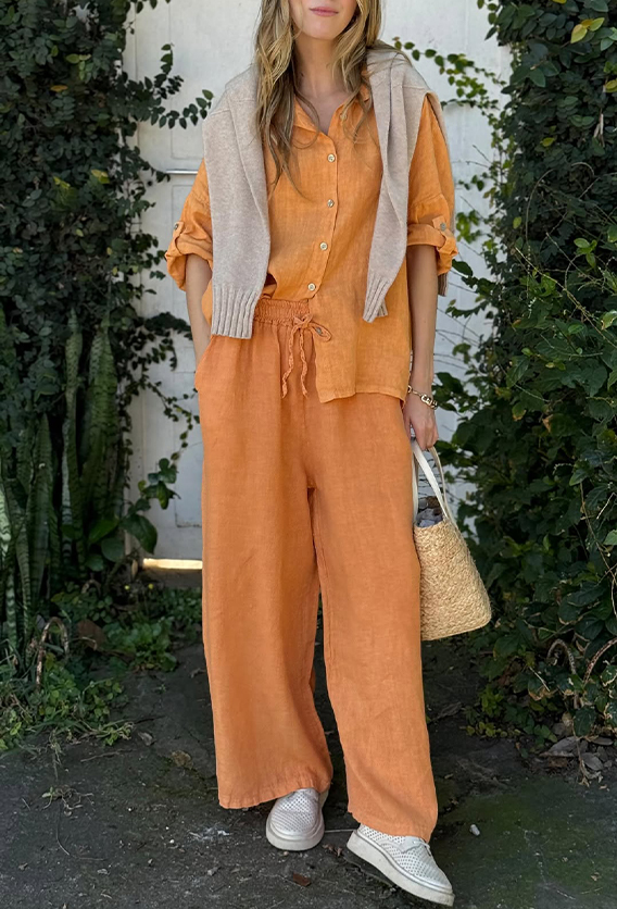 Comfortable Cotton and linen casual solid color 2-piece Set