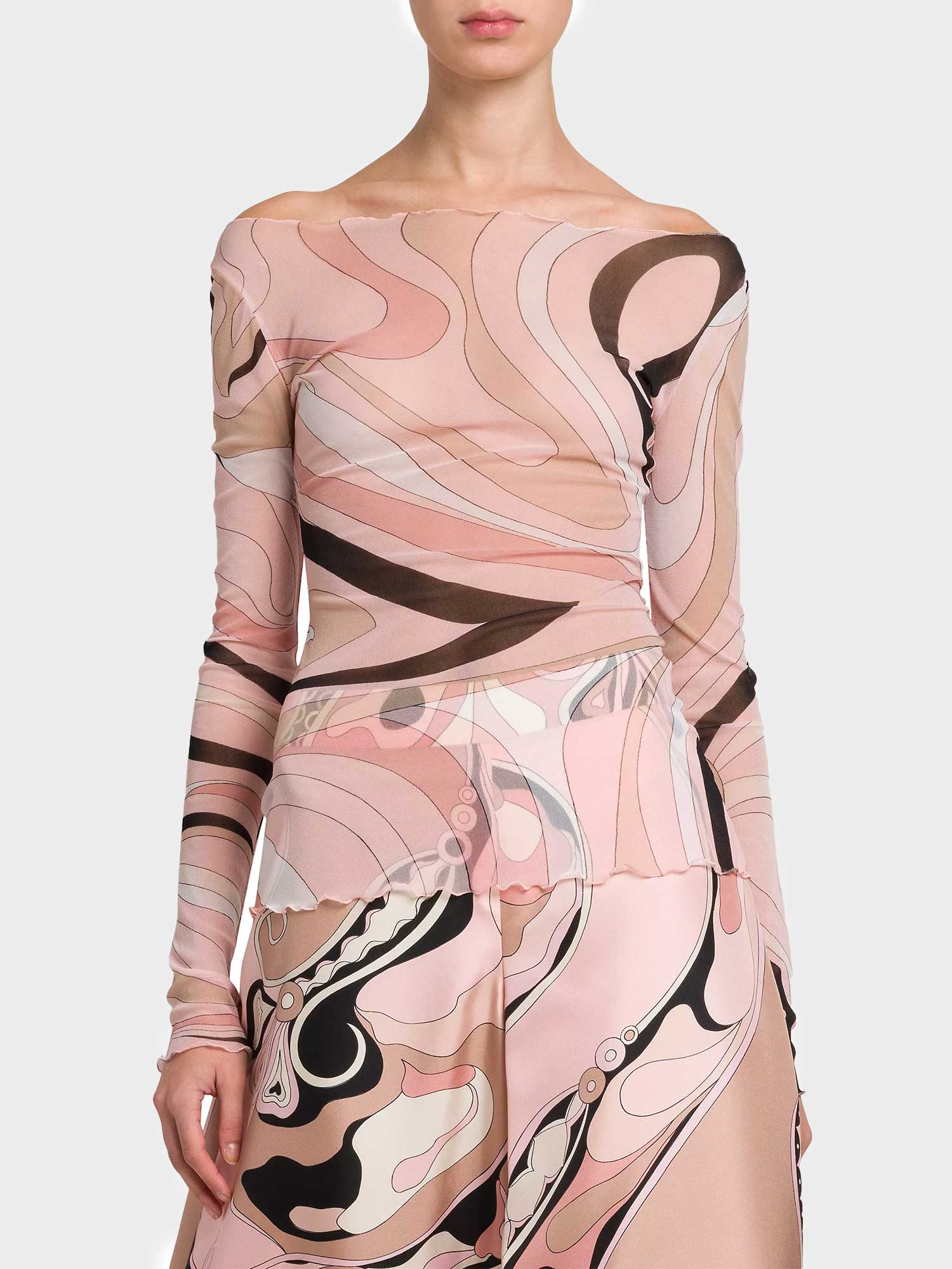 Mesh Long Sleeve Sheer Printed Top