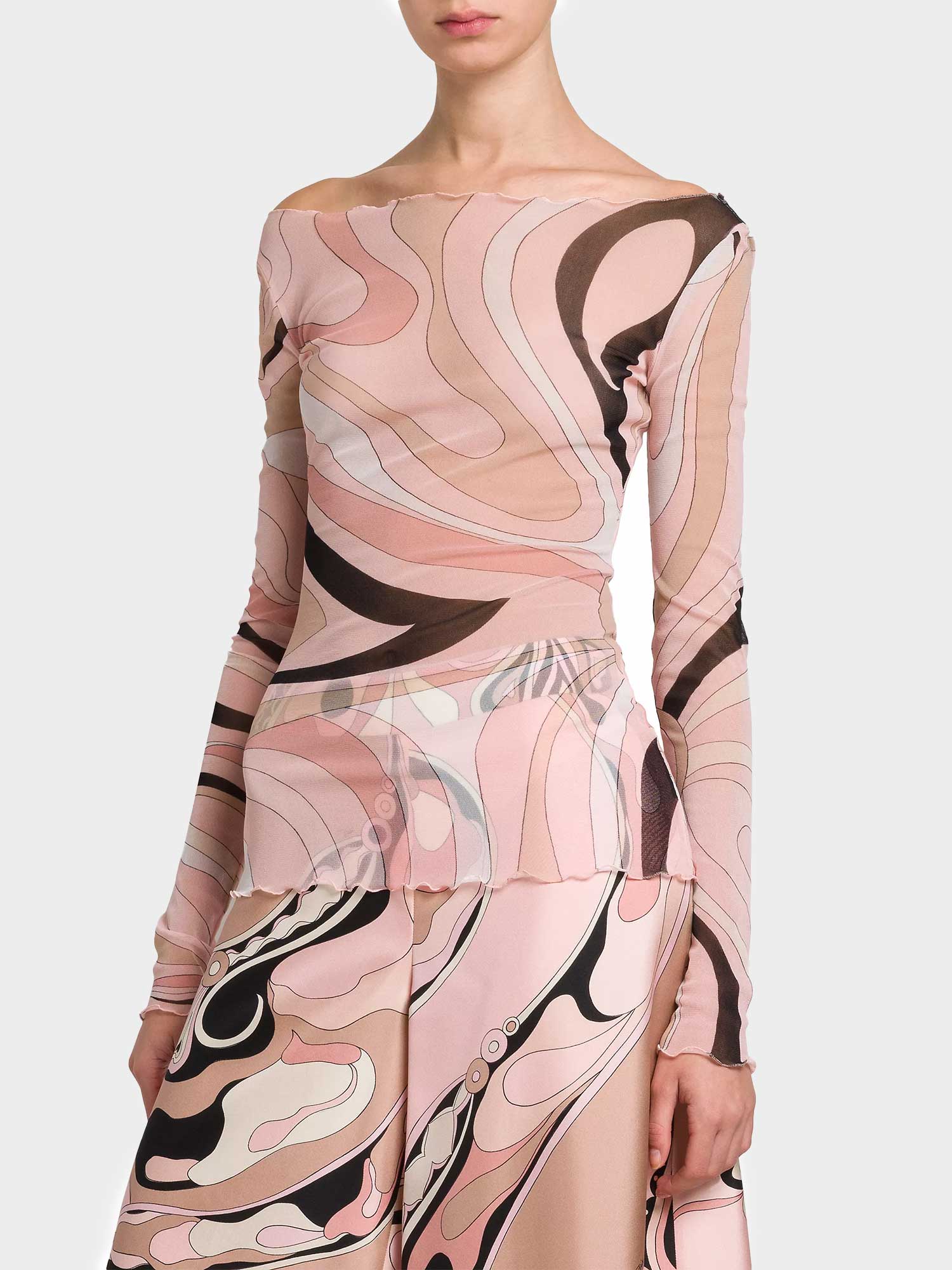 Mesh Long Sleeve Sheer Printed Top