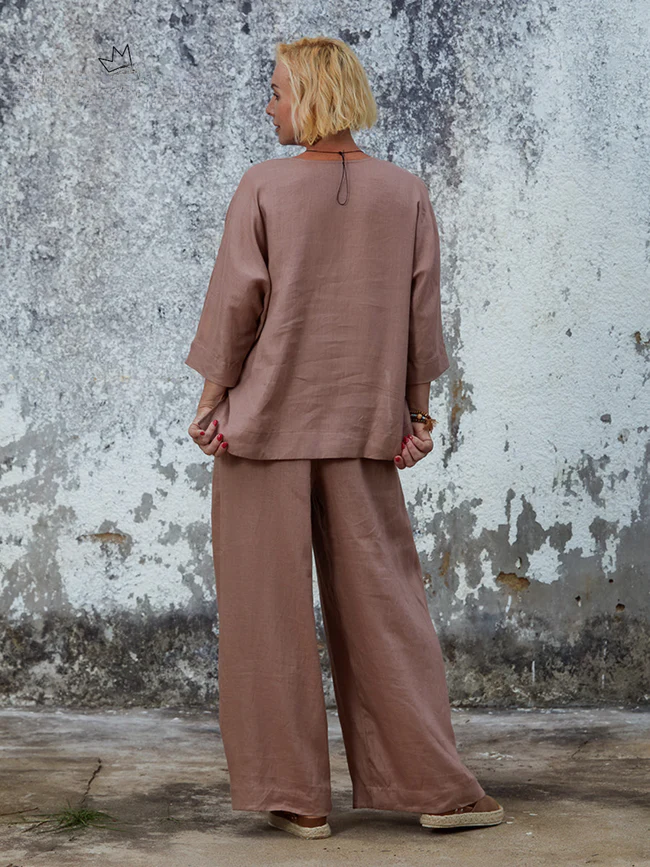 Women's 100% Linen Asymmetric Top and Pats Sets