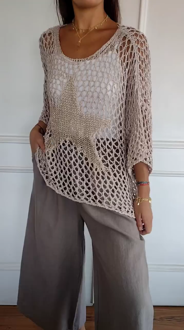 Star Knitted Cutout V-neck Shirt