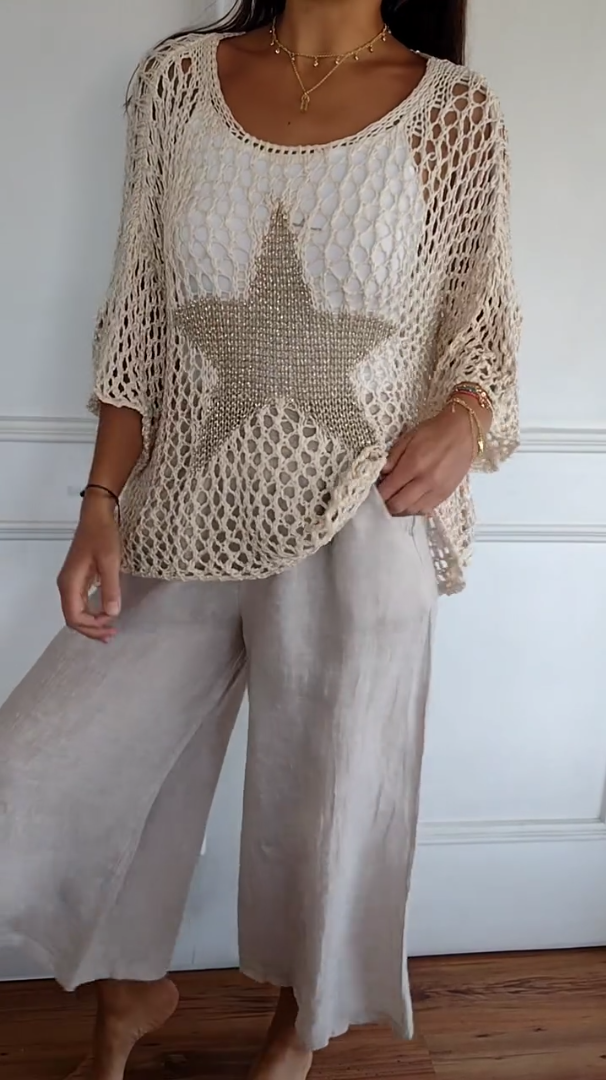 Star Knitted Cutout V-neck Shirt