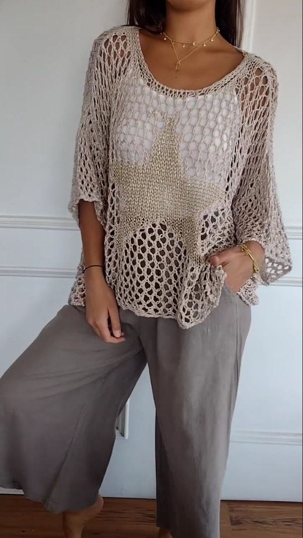 Star Knitted Cutout V-neck Shirt