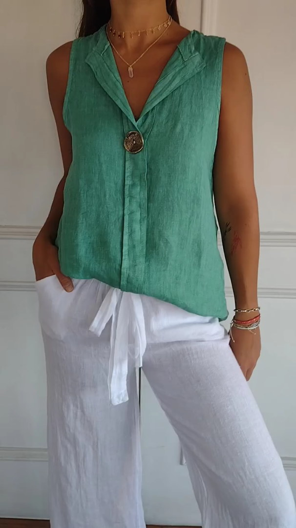 Women's Linen V-Neck Button Top