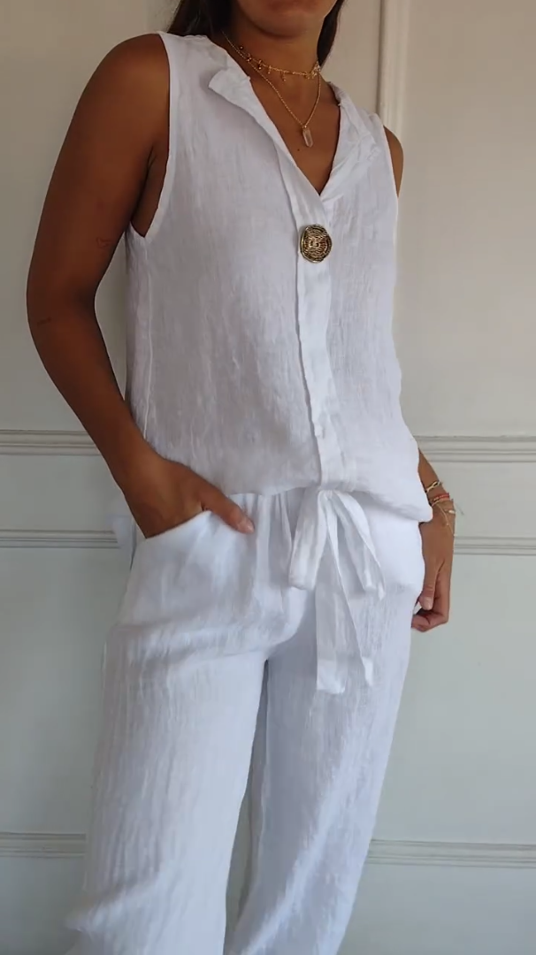 Women's Linen V-Neck Button Top