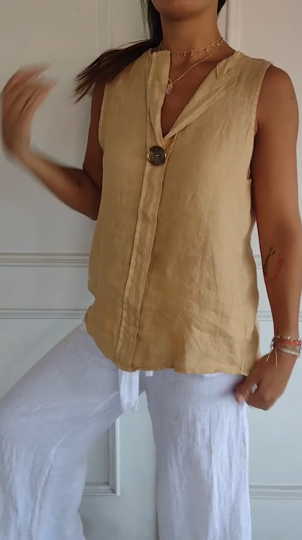Women's Linen V-Neck Button Top