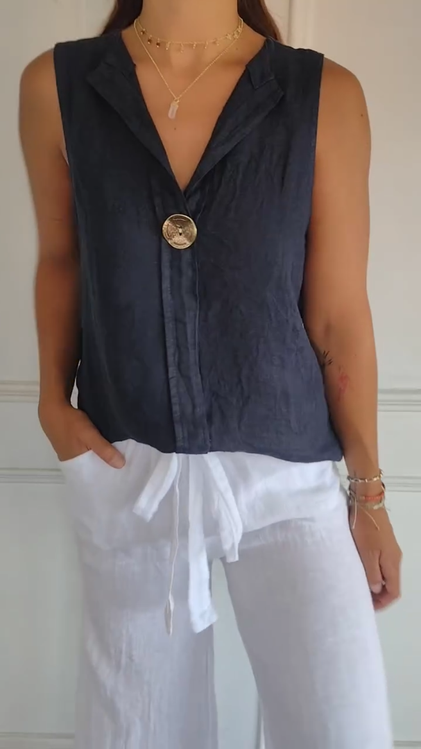 Women's Linen V-Neck Button Top