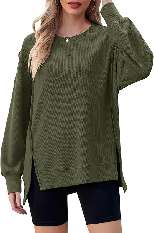 Women's Long Sleeve Crew Neck Shirts Side Split High Low Hem Pullover Tunic Tops