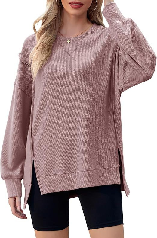 Women's Long Sleeve Crew Neck Shirts Side Split High Low Hem Pullover Tunic Tops