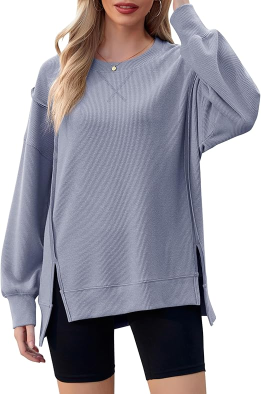 Women's Long Sleeve Crew Neck Shirts Side Split High Low Hem Pullover Tunic Tops