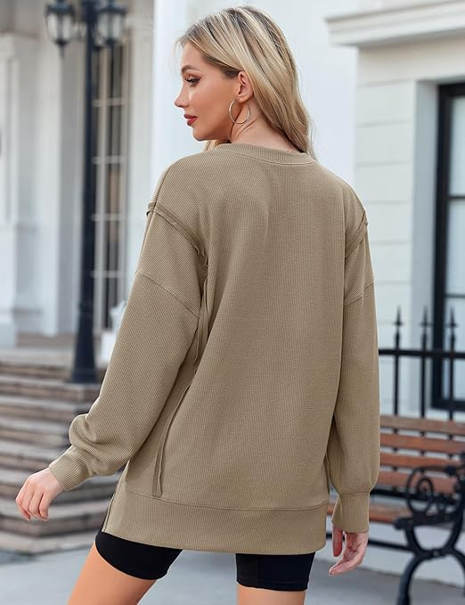 Women's Long Sleeve Crew Neck Shirts Side Split High Low Hem Pullover Tunic Tops