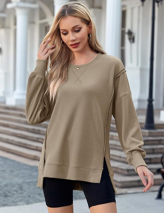 Women's Long Sleeve Crew Neck Shirts Side Split High Low Hem Pullover Tunic Tops