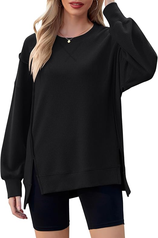 Women's Long Sleeve Crew Neck Shirts Side Split High Low Hem Pullover Tunic Tops