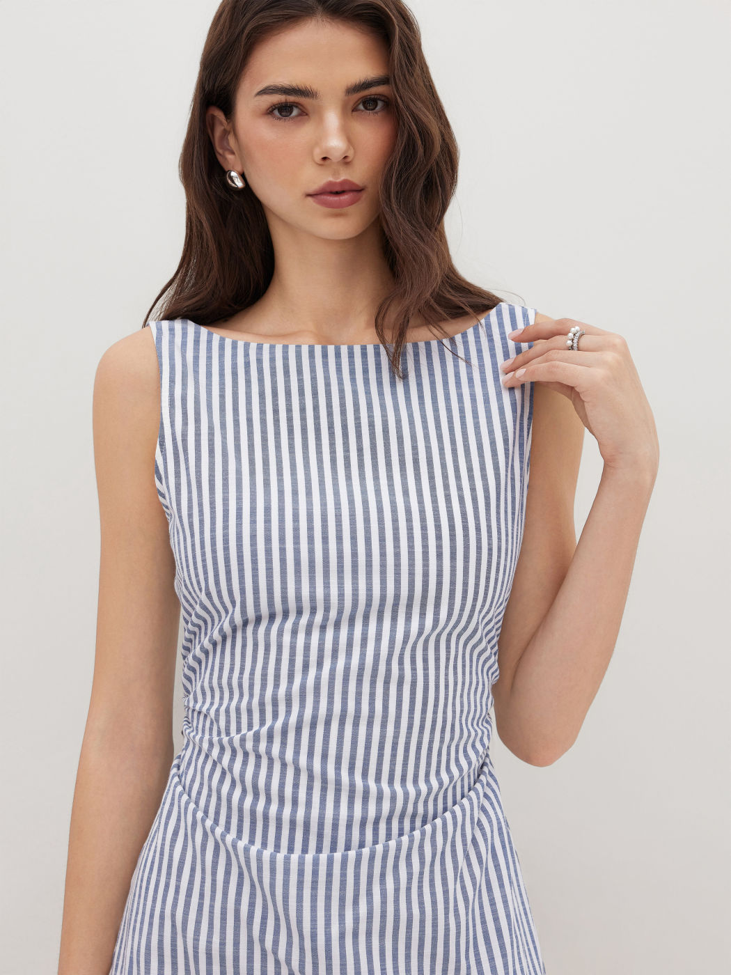 Cotton-blend Boat Neck Stripe Bowknot Backless Mini Dress