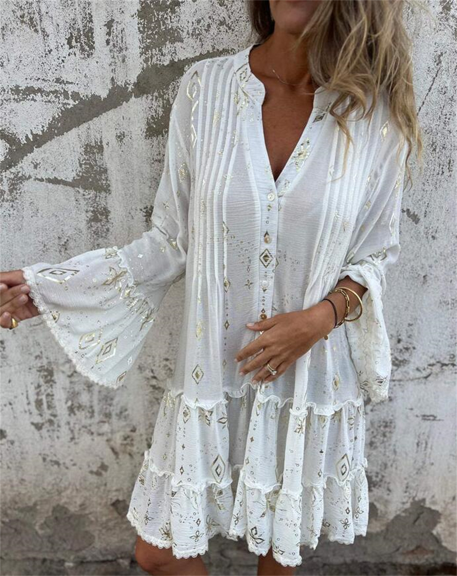 Limited Time Discount 🔥New Hot Stamping Lace Trumpet Sleeve Hollow Dress