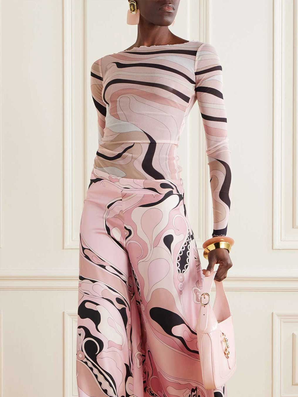 Mesh Long Sleeve Sheer Printed Top