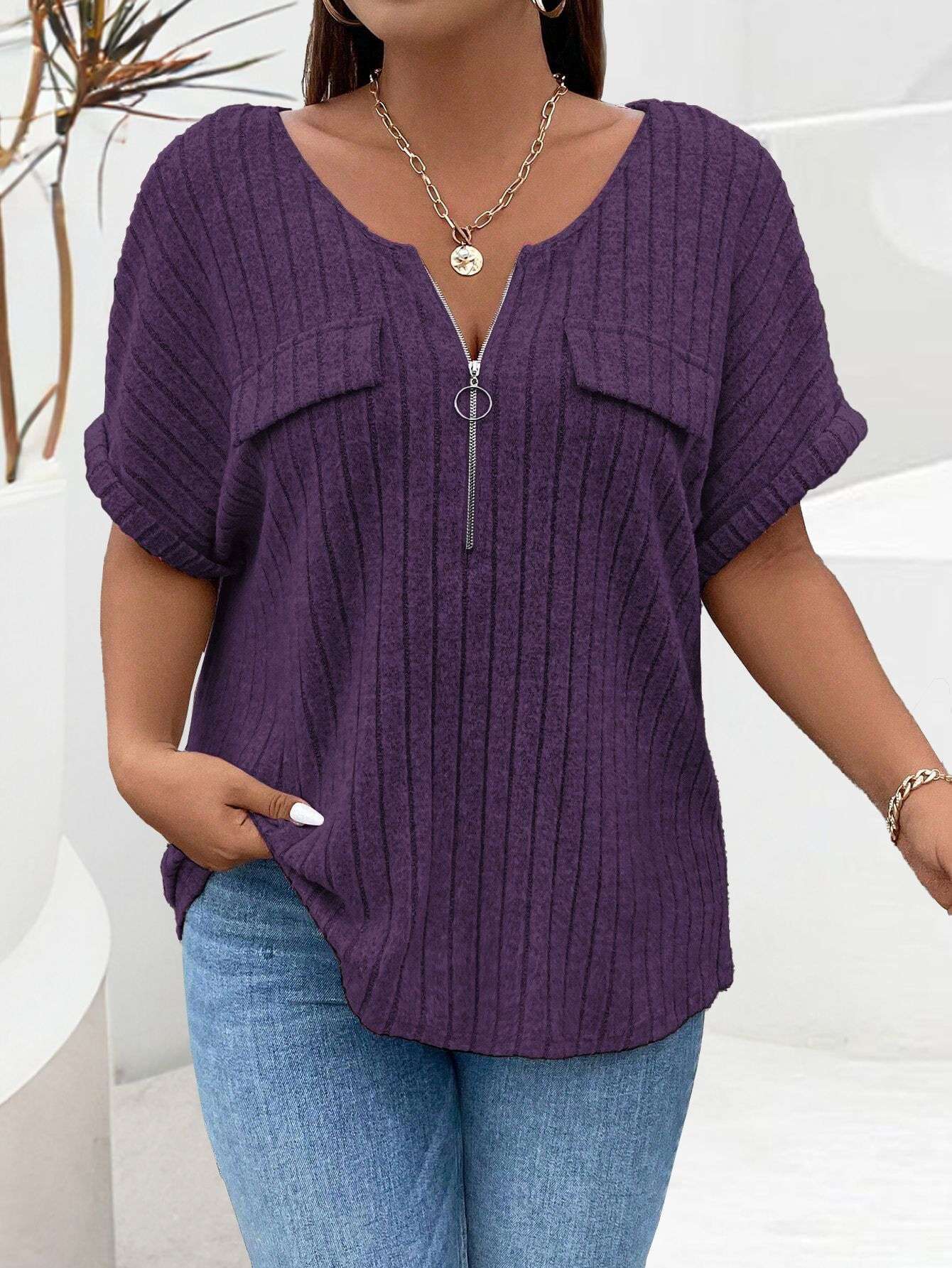 Loose zip-up short-sleeved pullover T-shirt