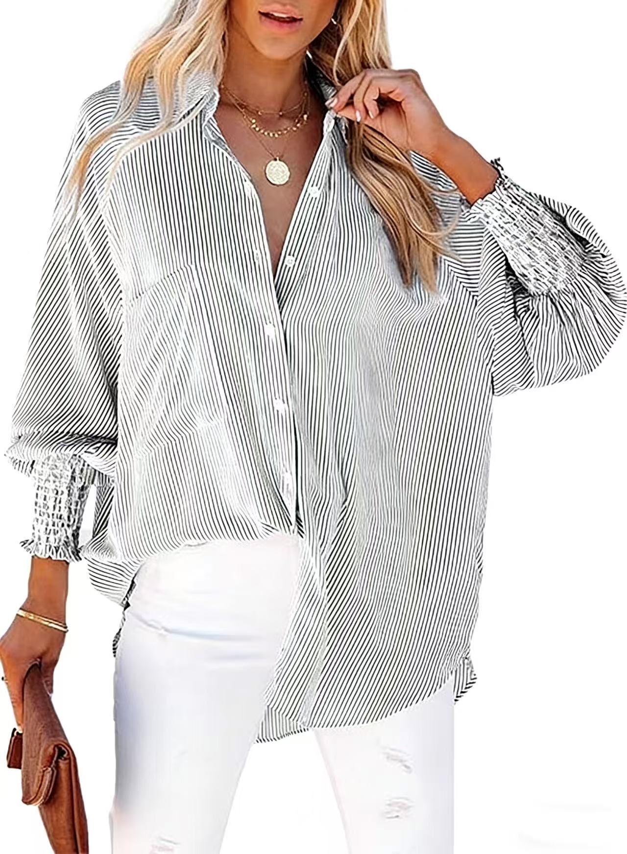 Womens Smocked Cuffed Striped Boyfriend Shirt Casual Collar Long Sleeve Oversized Button Down Blouse Tops with Pocket Shirred