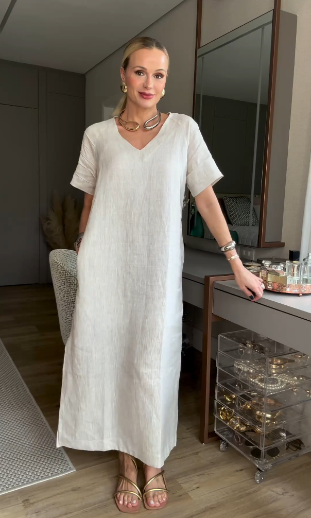 Women's Short sleeve Cotton Linen Skirt Dress With Pocket