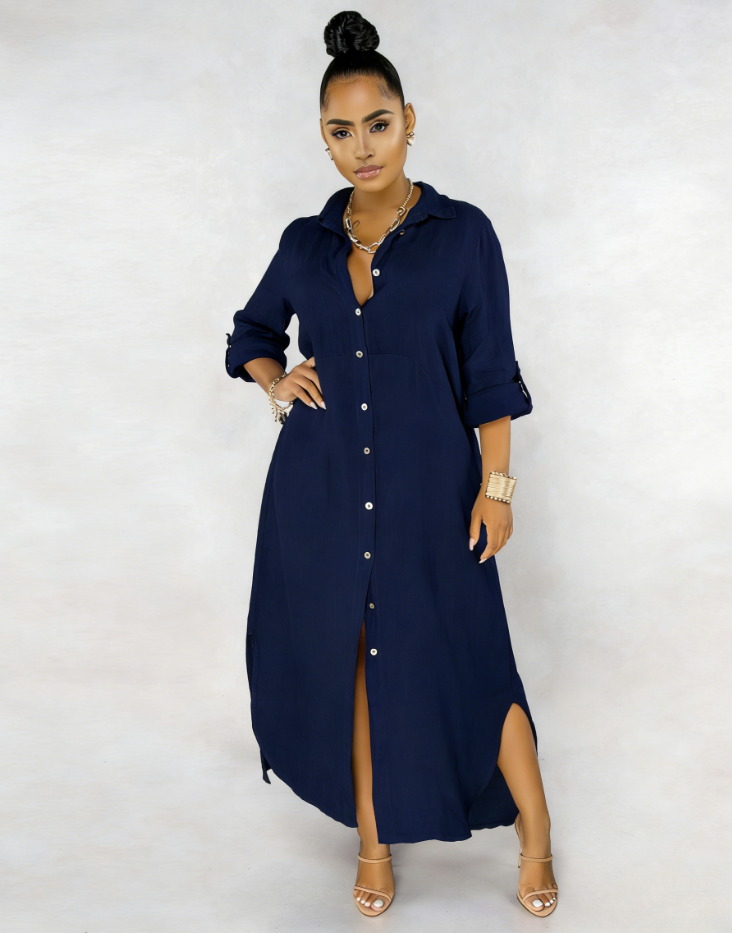 2026🔥 Three-quarter sleeve rolled hem side slit shirt dress