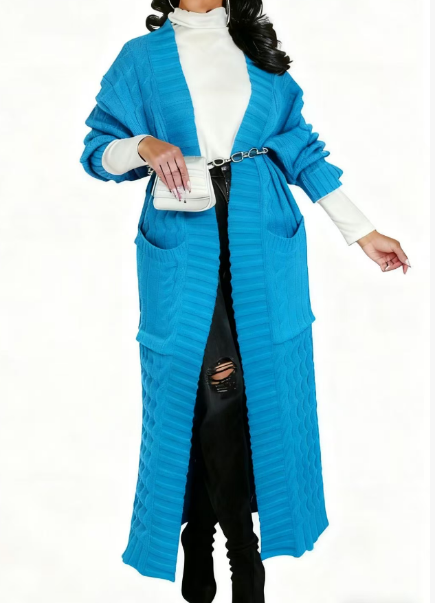 2025 Women's Solid Color Drop Shoulder Pocket Cable Knit Cardigan