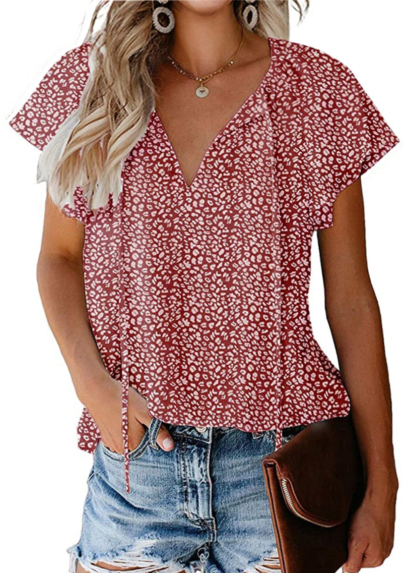 2026 Casual V-neck floral print loose-fitting simple short-sleeved top