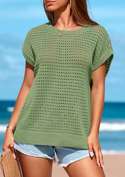 Women's Crochet Sweater Pullover Cute Crew Neck Beach Cover-up
