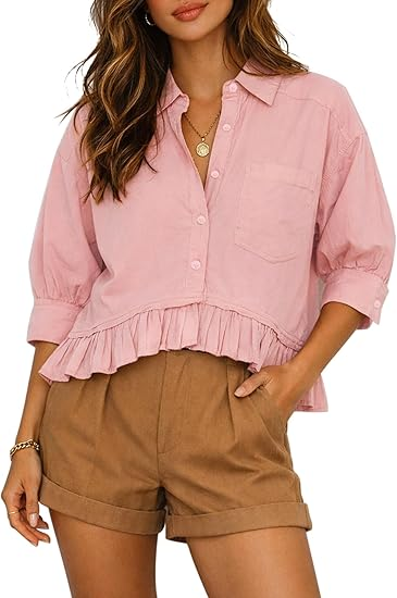 2026 Loose-fitting striped lace hem five-quarter sleeve shirt