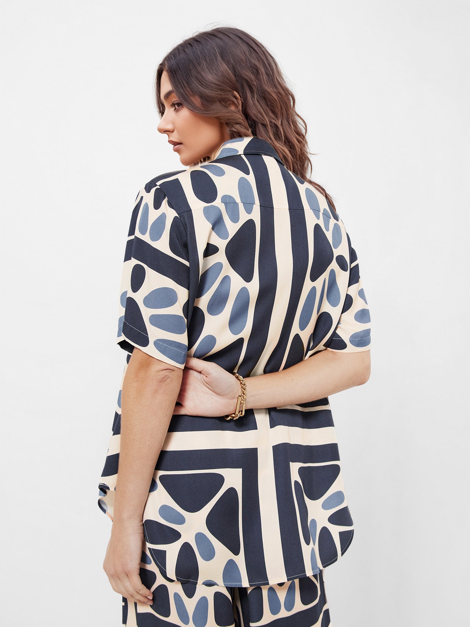 Modern Geo Print Oversized Button-Up Shirt