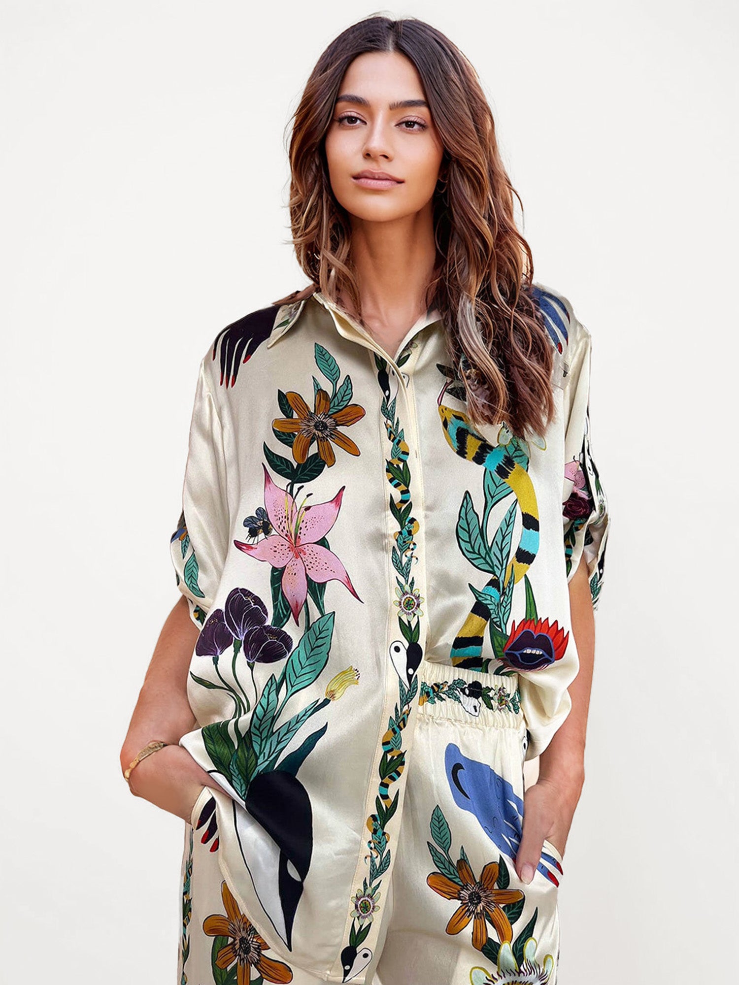 Satin Oversized Blouse with Sophisticated Print