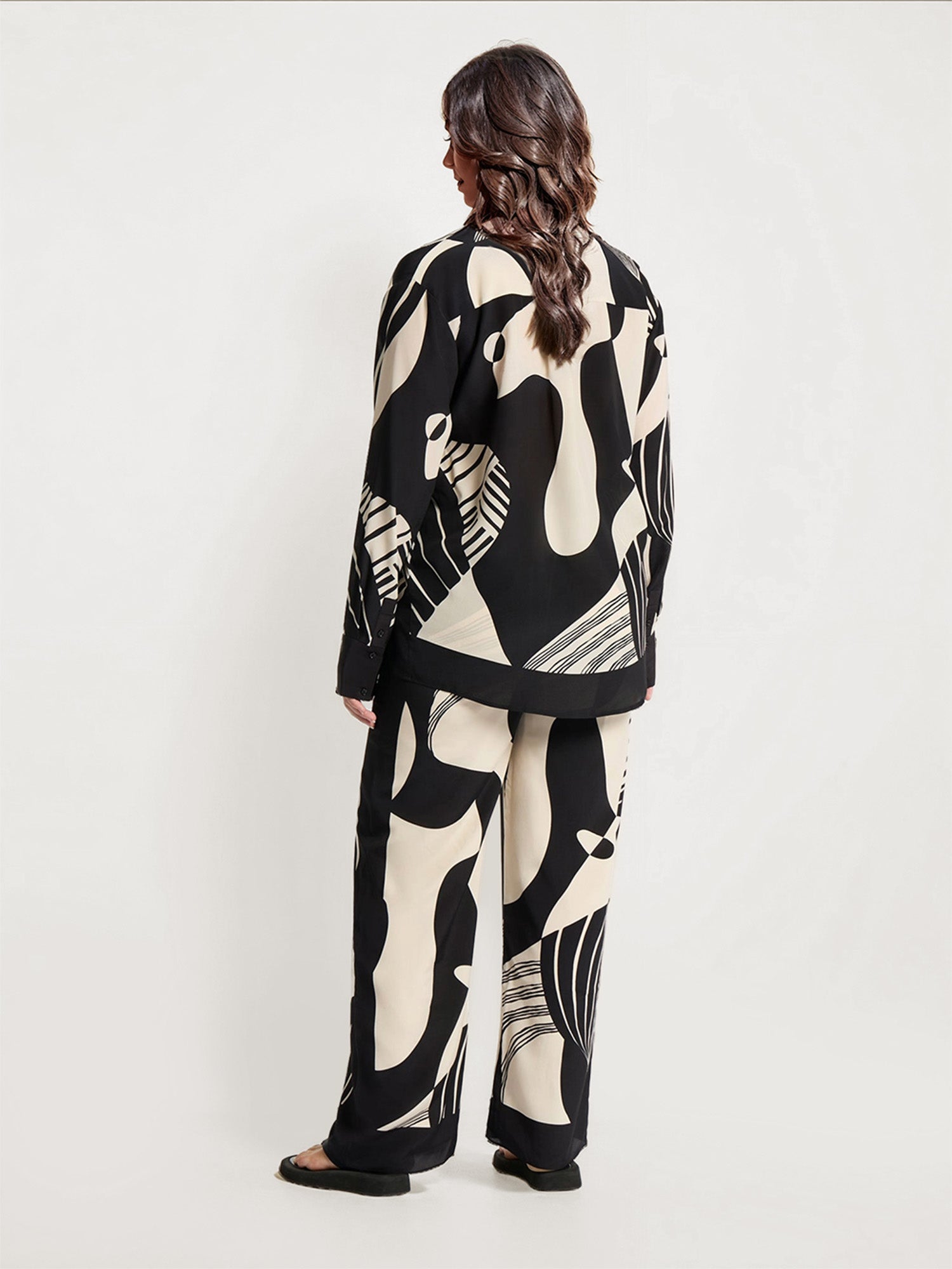 Abstract Black and White Print Wide-Leg Pants