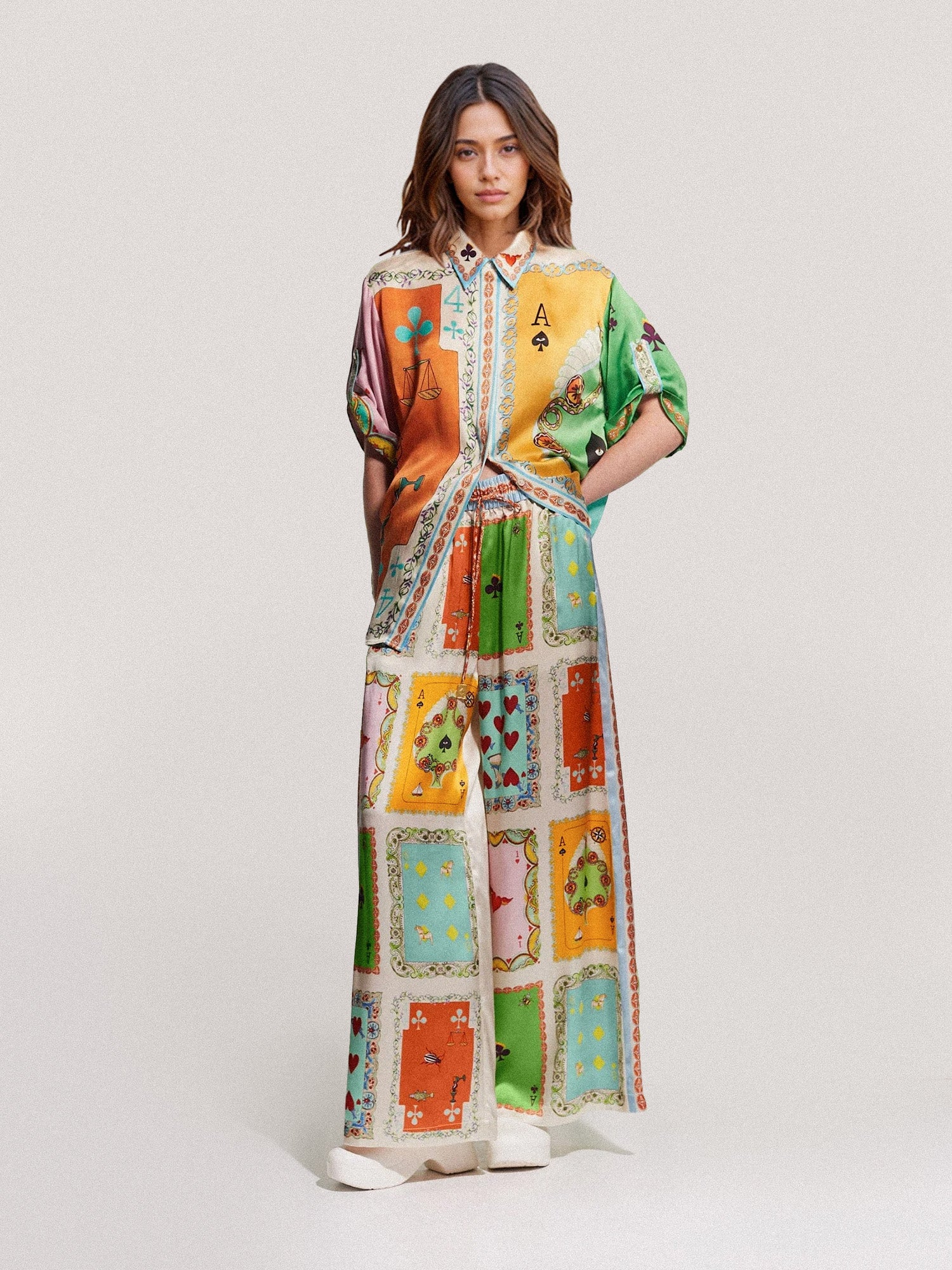 Playing Cards Print Wide-Leg Pants