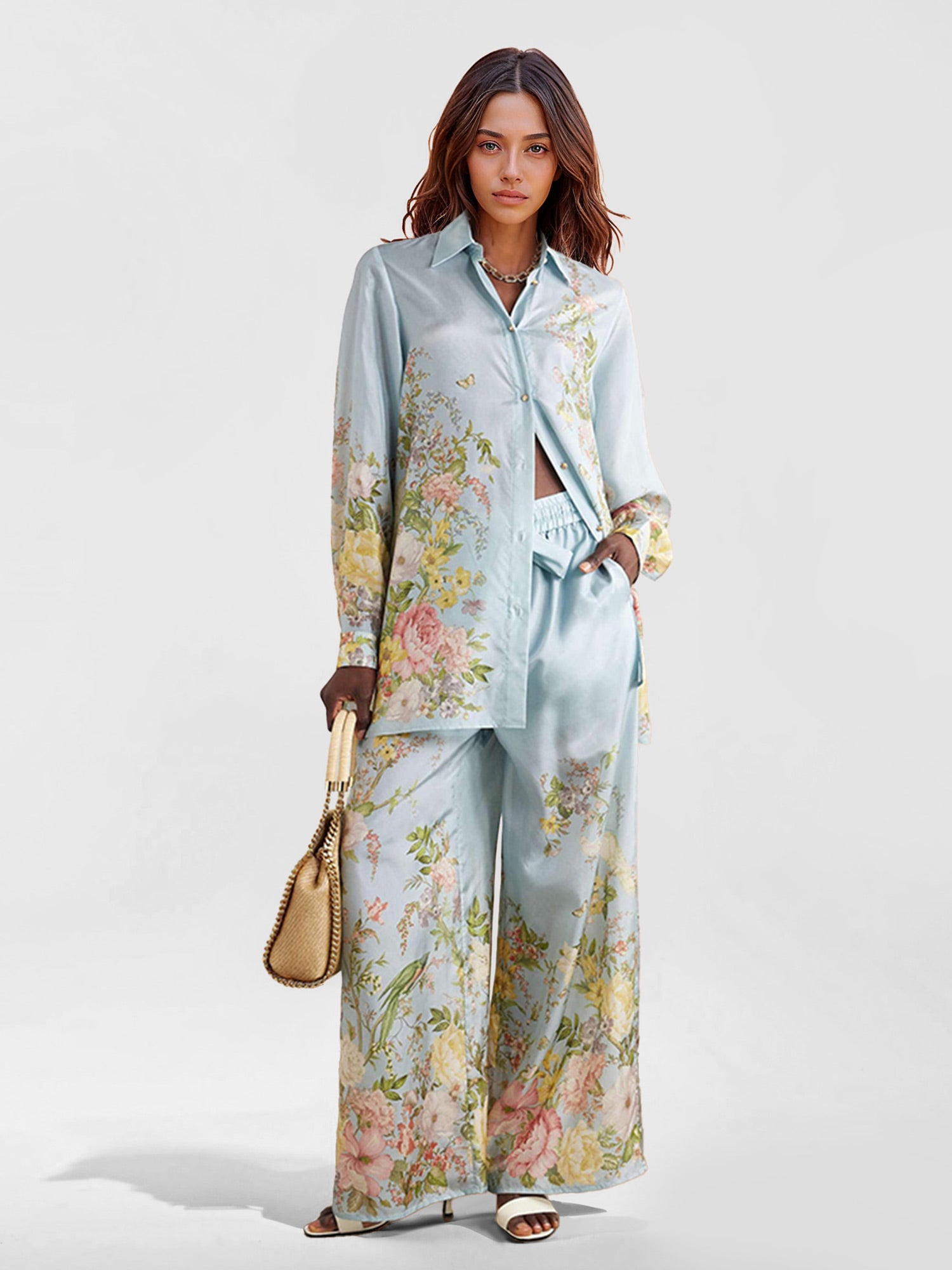 Pastel Floral Wide-Leg Pants