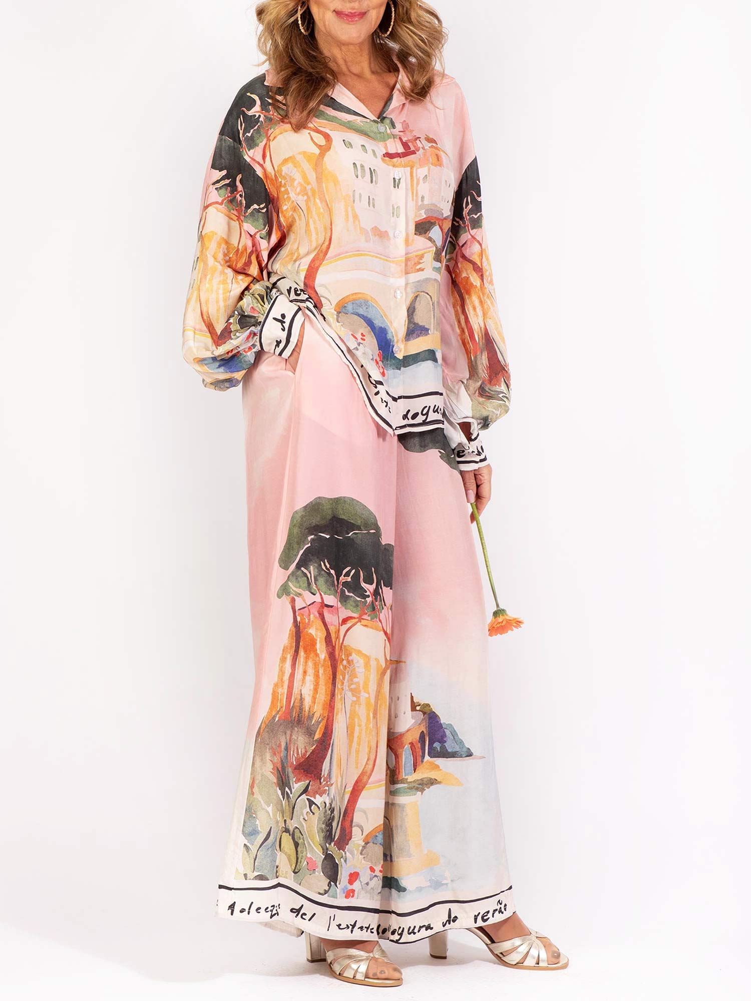 Scenic Print Button-Up Blouse