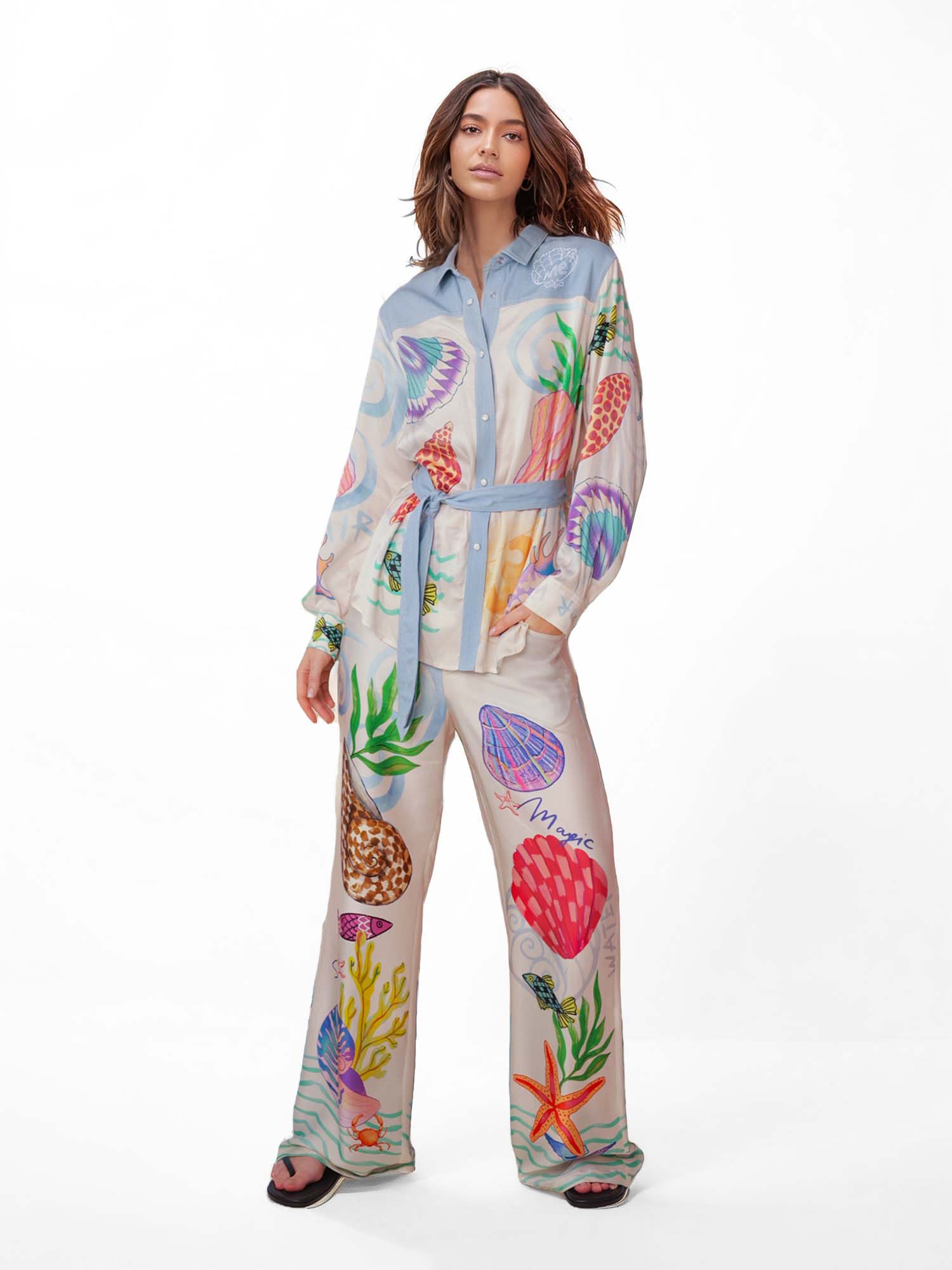 Ocean Motif Wide-Leg Maxi Pants for Summer