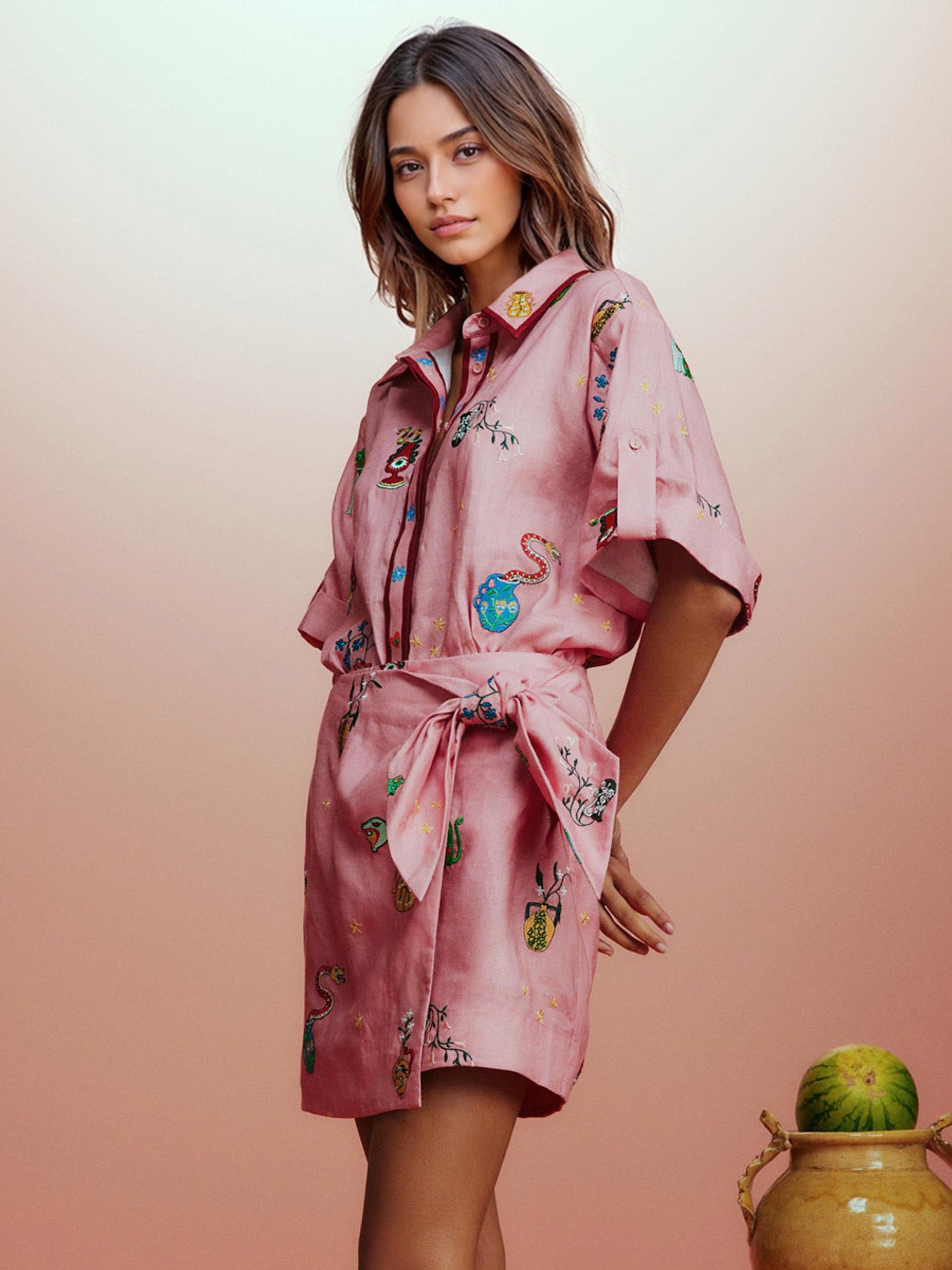 Pink Floral Embroidered Two-Piece Set